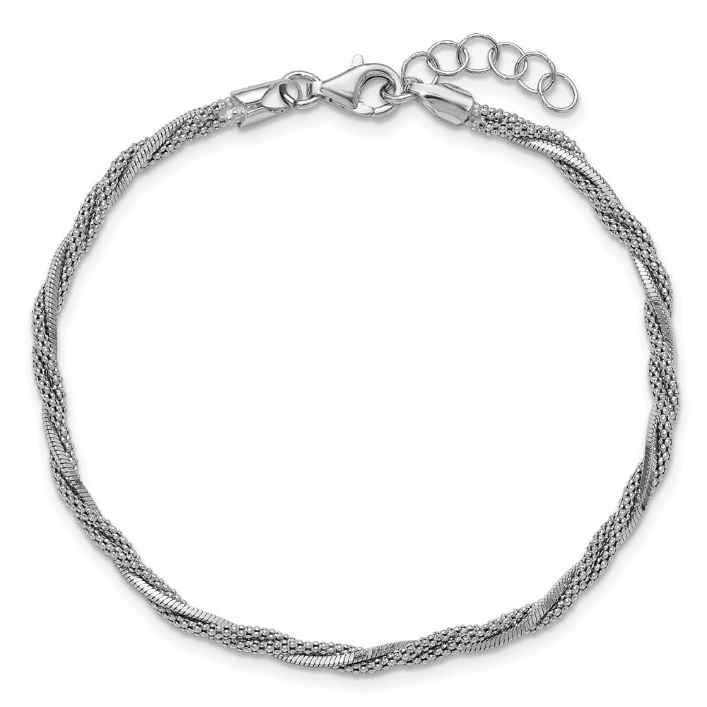 SS Rhodium-plated Polish/Texture Braided with .75in ext. Bracelet