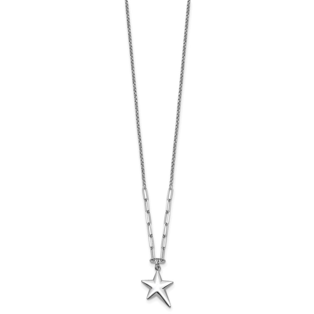 SS Rhodium-plated Polished Star Pendant with 1.25in ext. Necklace