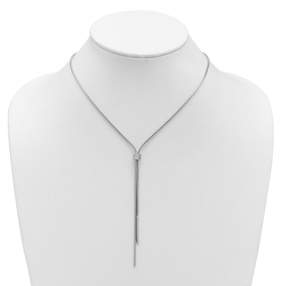 SS Rhodium-plated Polished CZ and Bars Lariat with 2in Ext. Necklace