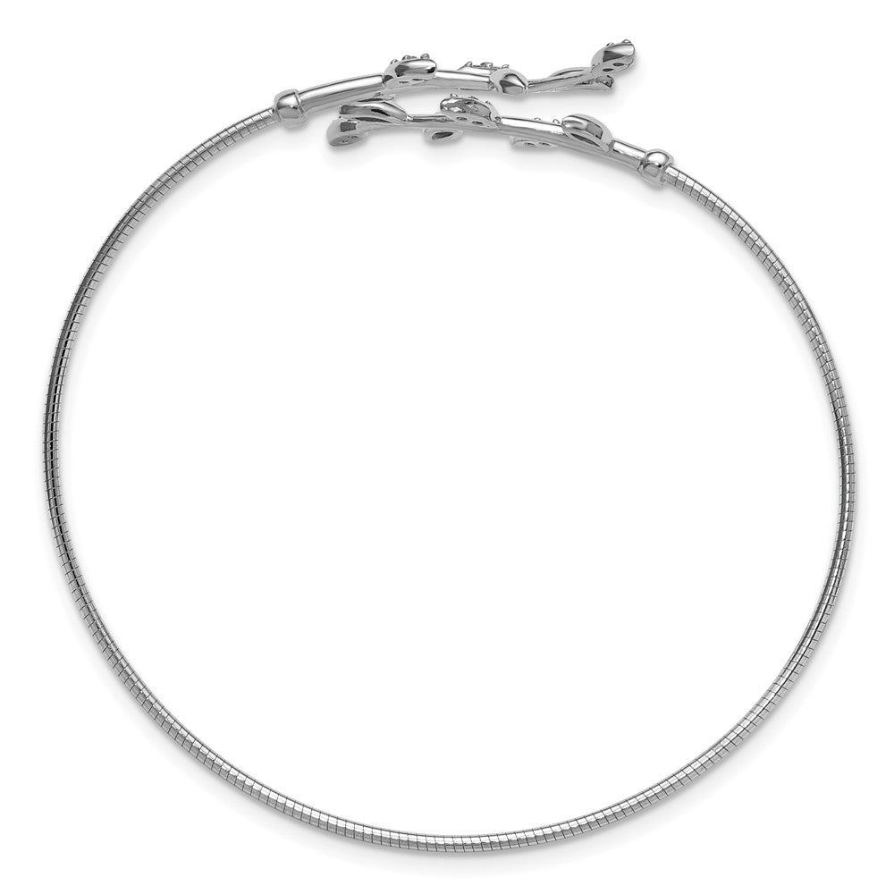 SS Rhodium-plated Polished CZ Leaf Bypass Flexible Cuff Bangle