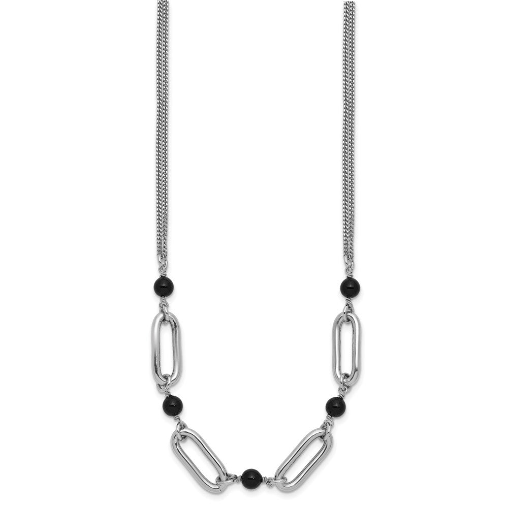 SS Rhodium-plated Black Glass Pearl 2-Strand Link with 2in Ext Necklace
