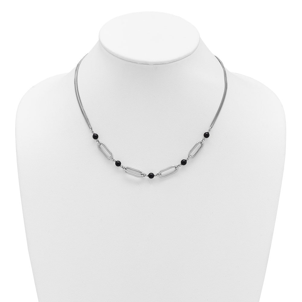 SS Rhodium-plated Black Glass Pearl 2-Strand Link with 2in Ext Necklace