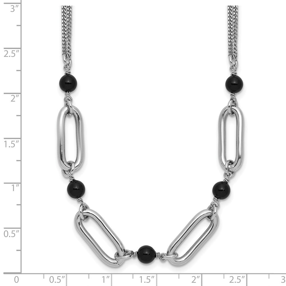SS Rhodium-plated Black Glass Pearl 2-Strand Link with 2in Ext Necklace