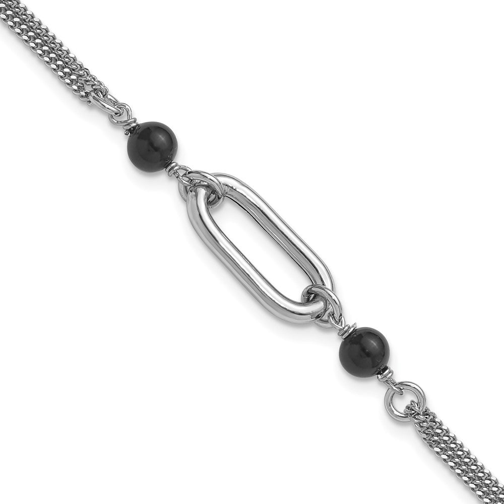 SS Rhodium-plated Black Glass Pearl 2-Strand Link with 1in Ext Bracelet
