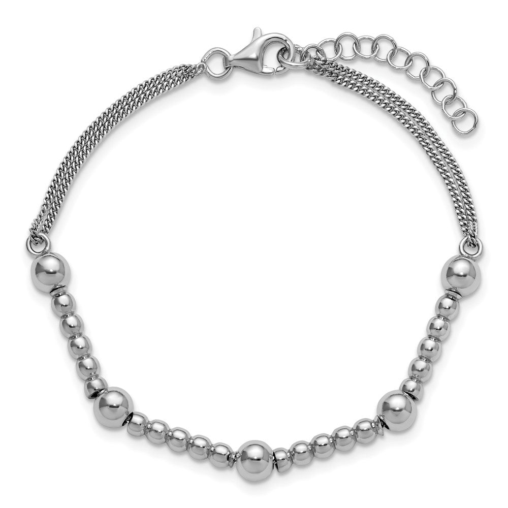 Sterling Silver RH-plt Pol. 2-strand Beaded with 1in ext. Bracelet