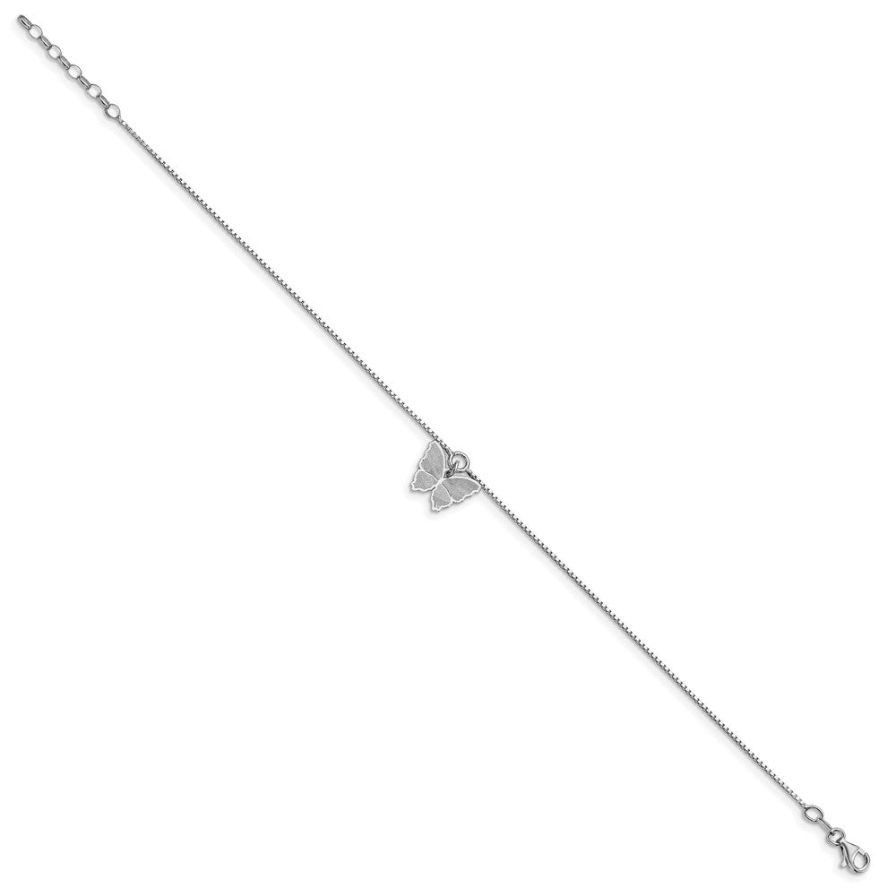 SS RH-plt Polished & Textured Butterfly 10in Plus 1in ext. Anklet
