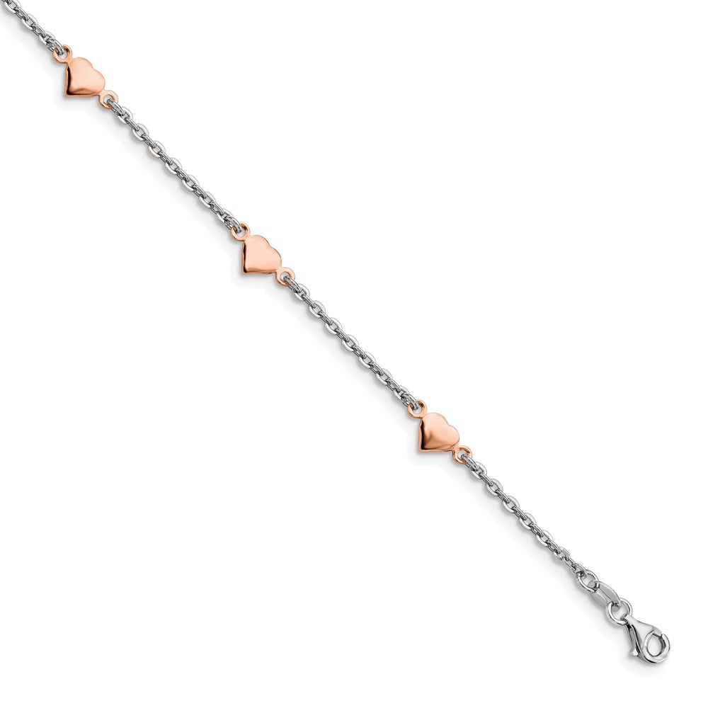 Sterling Silver RH and Gold-plated Heart 9in with 1in ext. Anklet