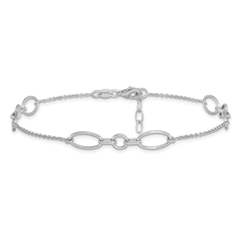 Sterling Silver Rhodium-plated Fancy Link 9 with 0.5in ext. Anklet