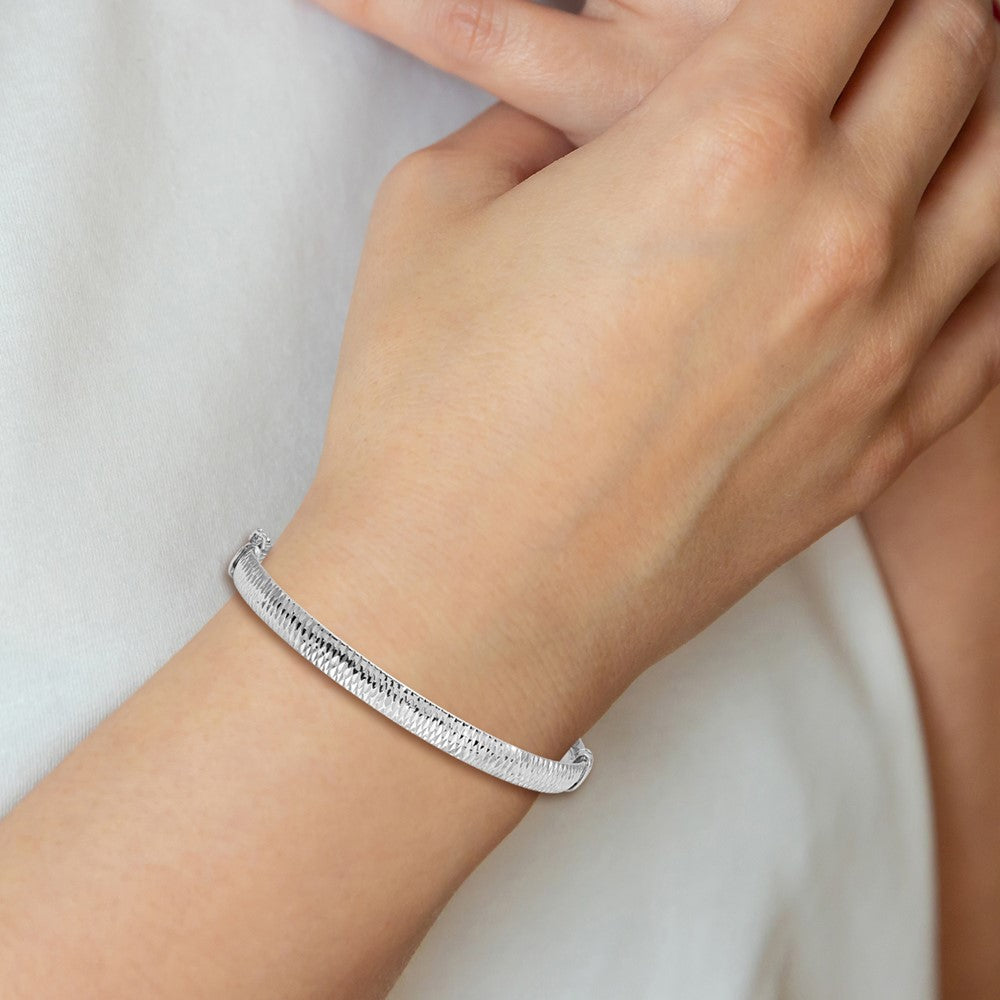 Sterling Silver Rhodium-plated Polished & Textured Bangle