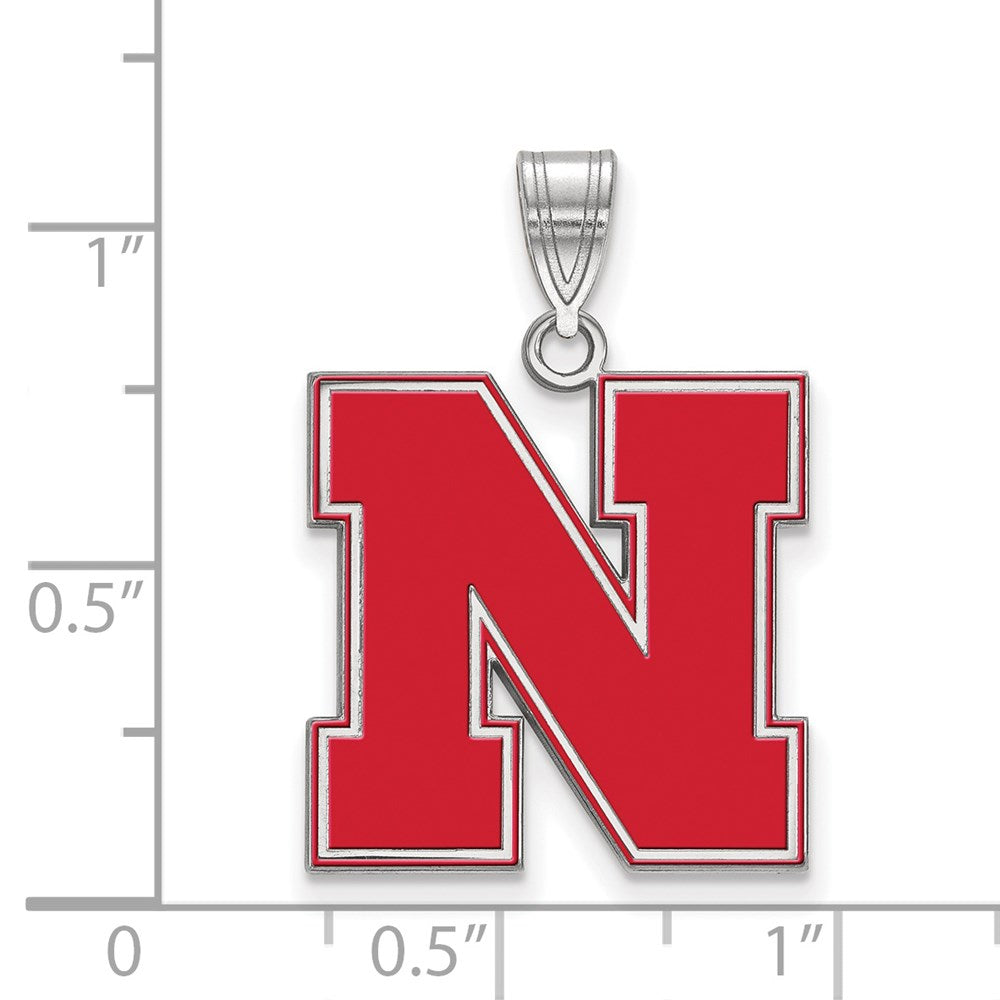 Sterling Silver Rhodium-plated Univ. of Nebraska Large Enamel Pendant