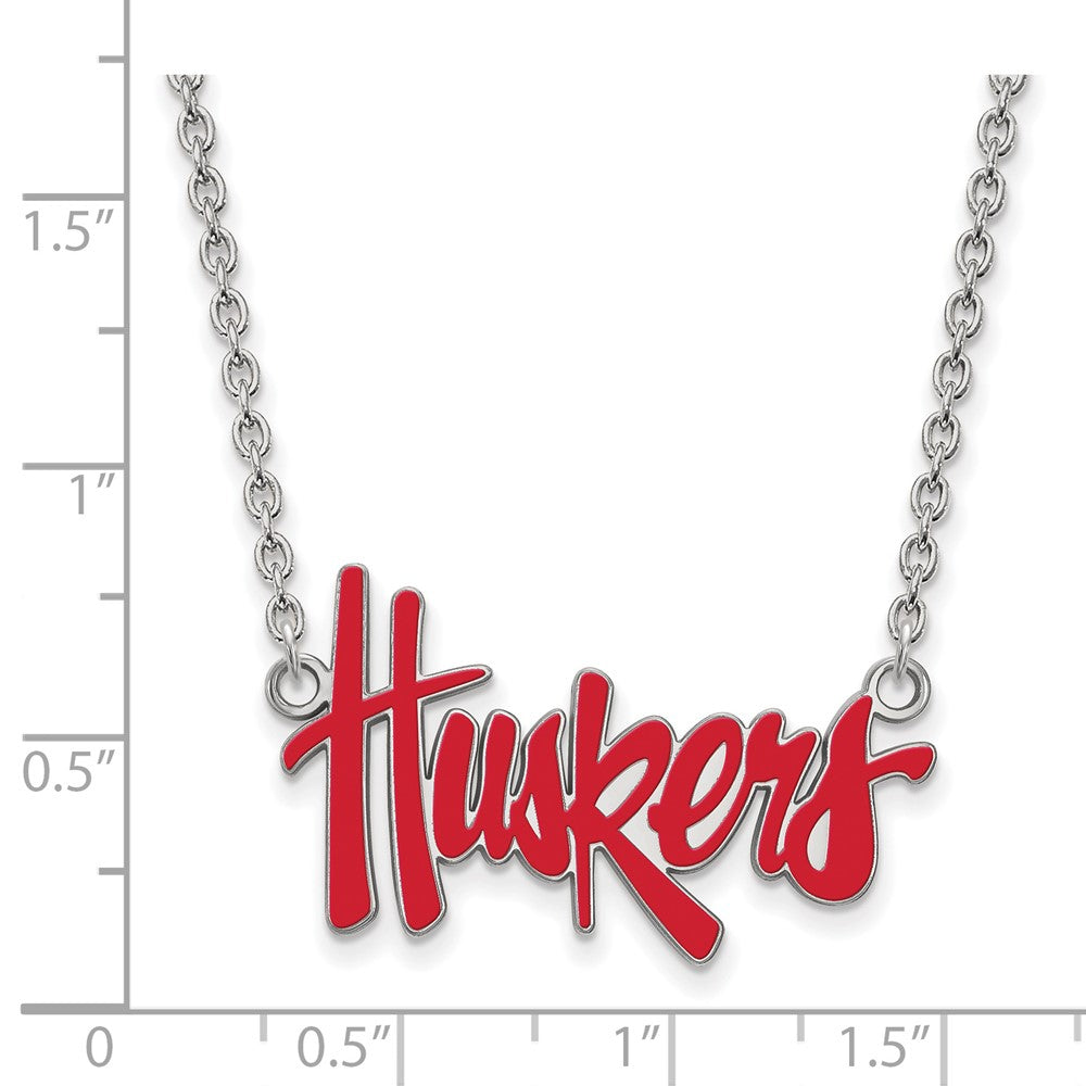 Sterling Silver Rhodium-plated U. of Nebraska Large Enamel Necklace