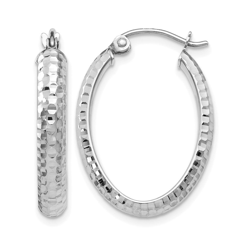 10K White Gold Diamond-cut Oval Hinged Hoop Earrings