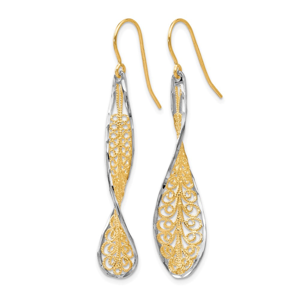 10K Two-tone Diamond-cut Dangle Shepherd Hook Earrings