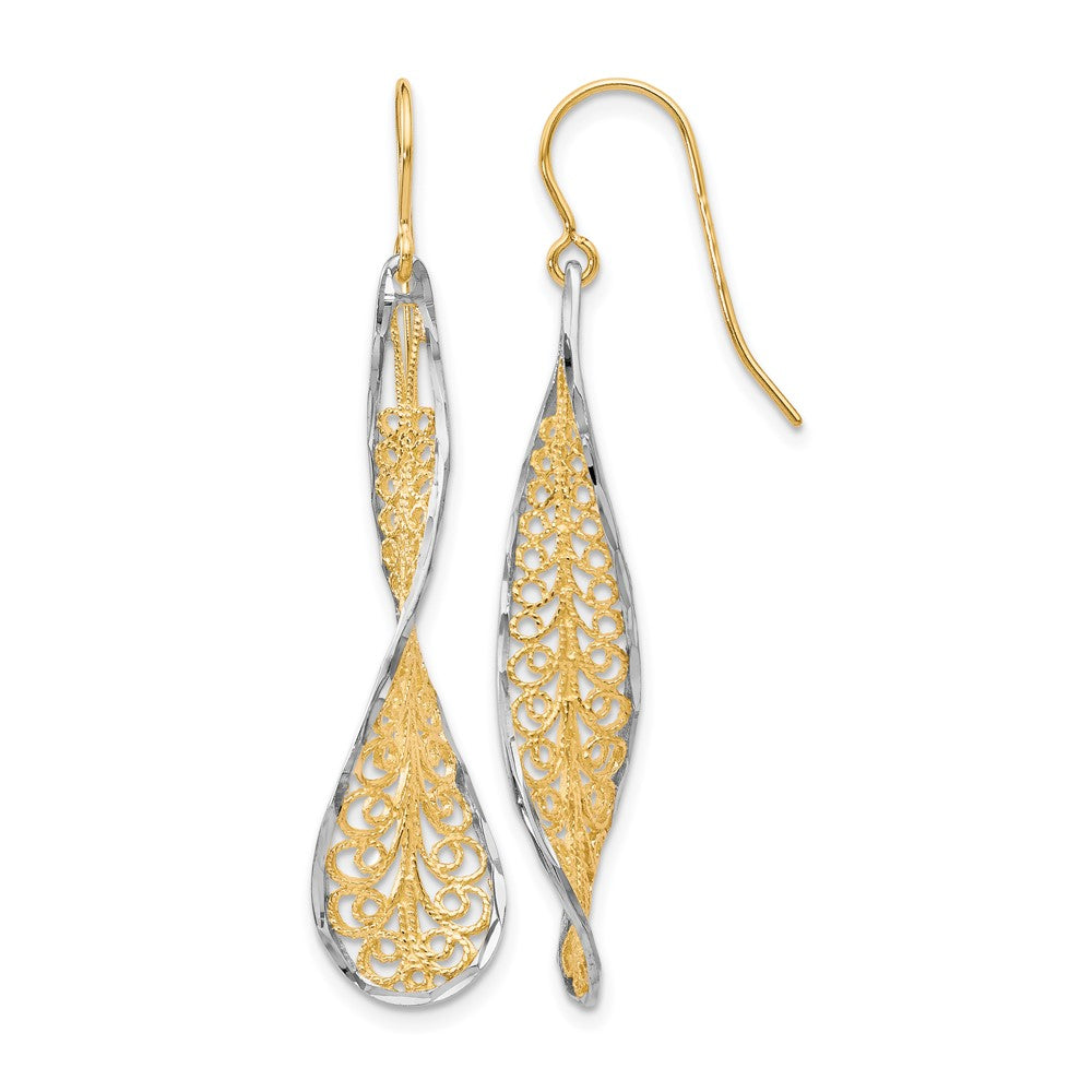 10K Two-tone Diamond-cut Dangle Shepherd Hook Earrings
