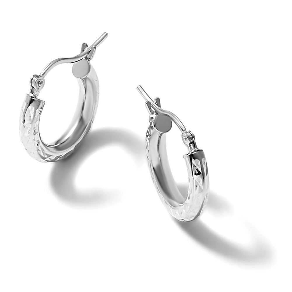 10K White Gold Diamond-cut 3mm Round Hoop Earrings