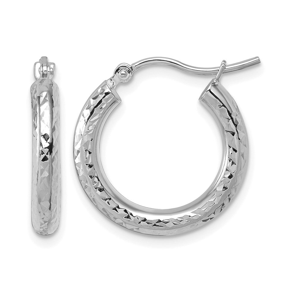 10K White Gold Diamond-cut 3mm Round Hoop Earrings