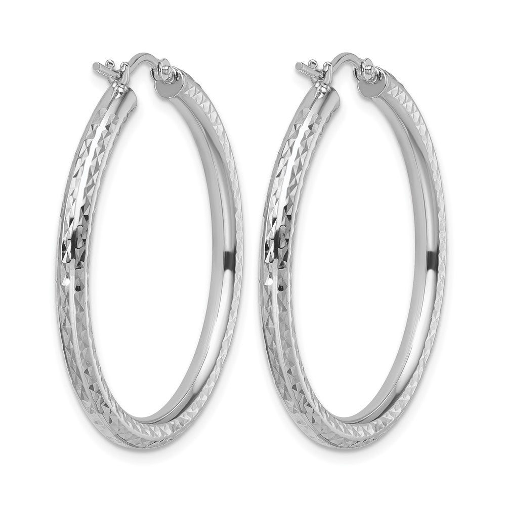 10K White Gold Diamond-cut 3mm Round Hoop Earrings