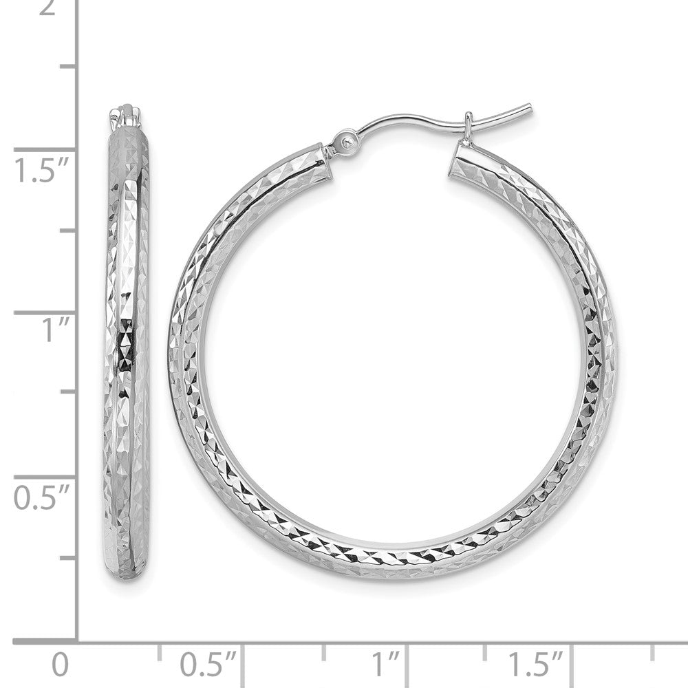 10K White Gold Diamond-cut 3mm Round Hoop Earrings