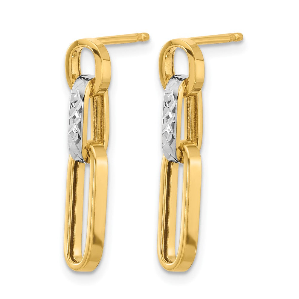 10K with Rhodium Polished and Diamond-cut Link Dangle Post Earrings