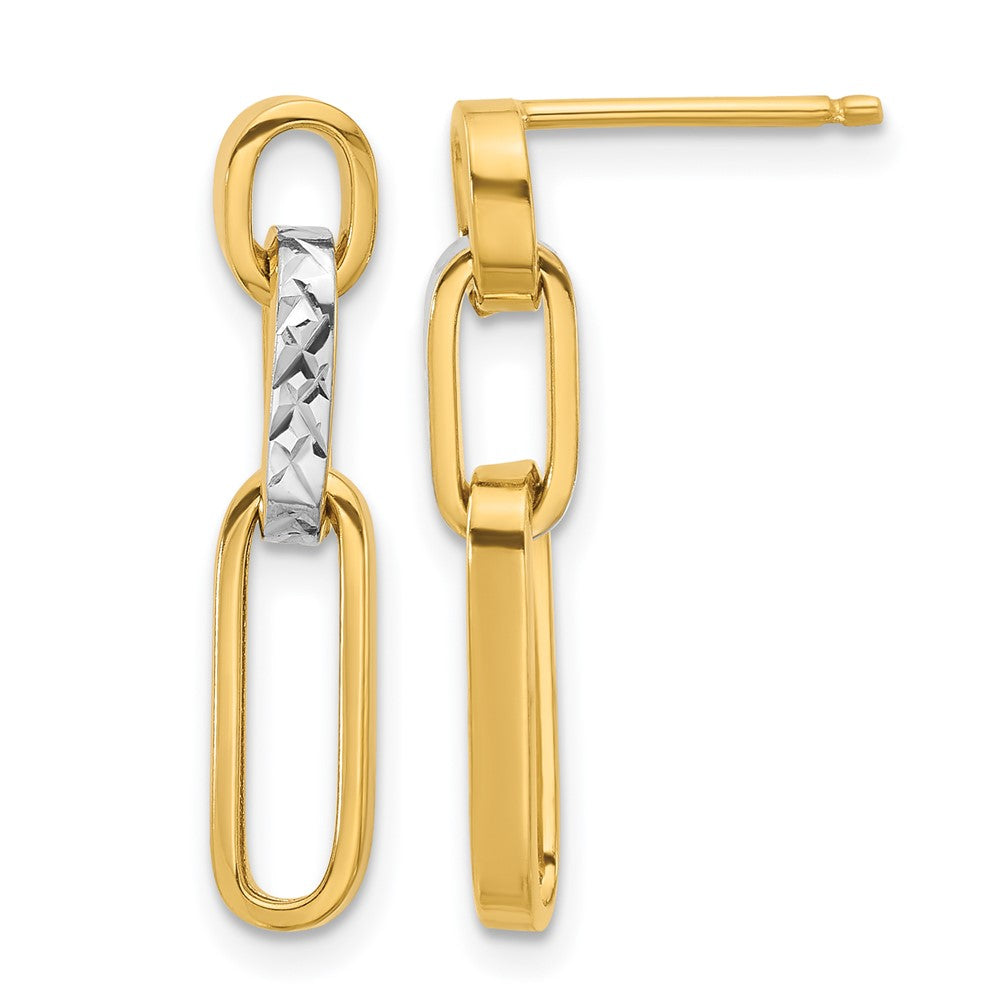 10K with Rhodium Polished and Diamond-cut Link Dangle Post Earrings