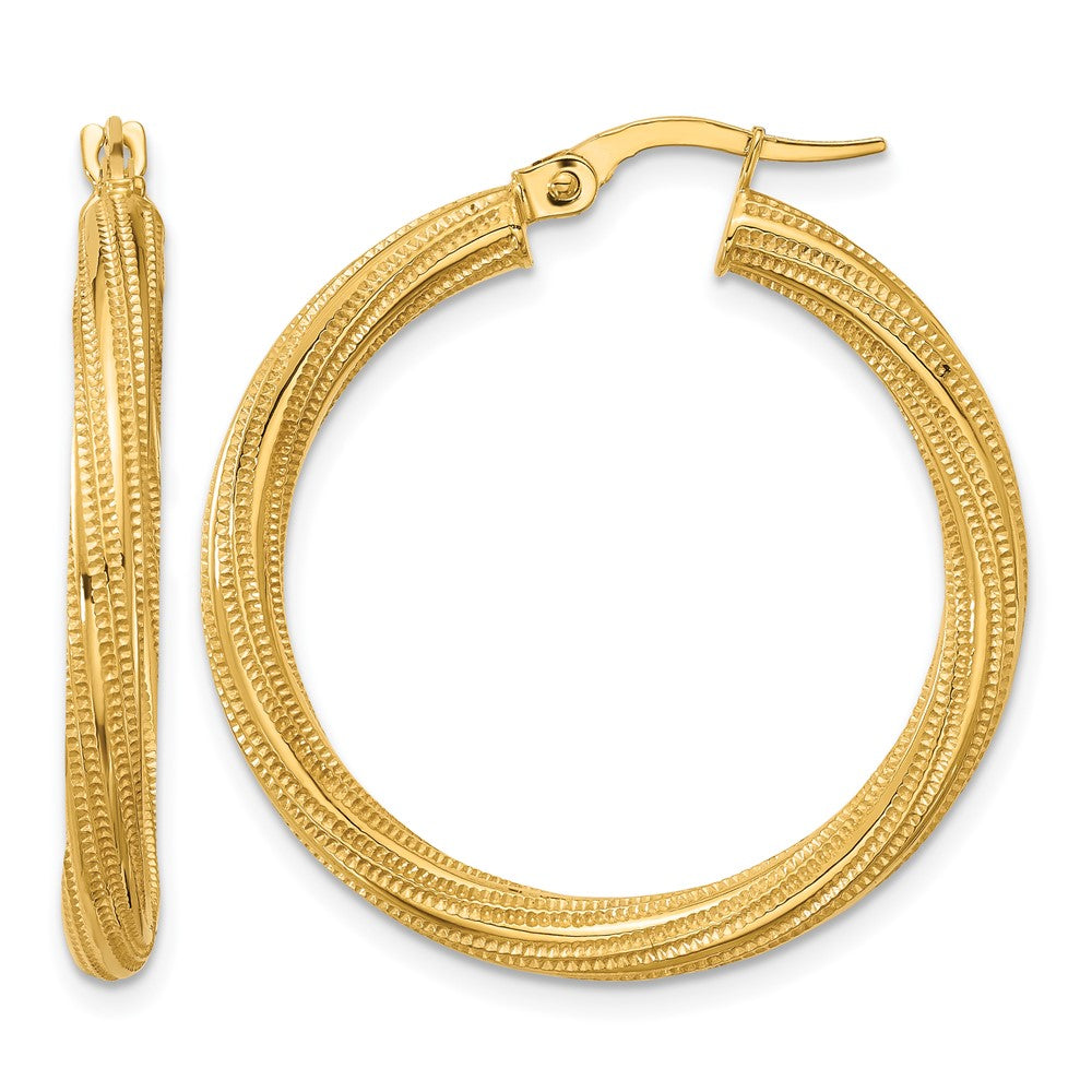 10K Polished and Textured Twisted Tube Hoop Earrings