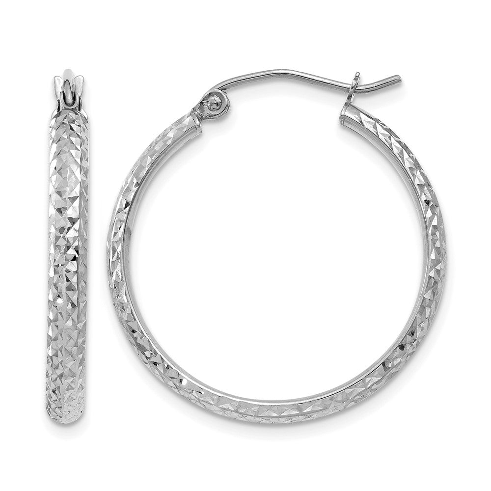 10K White Gold Diamond-cut 2.8x25mm Hollow Hoop Earrings