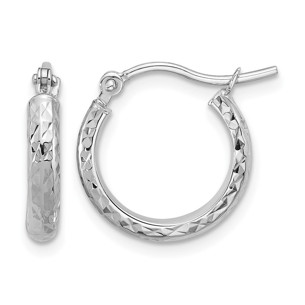 10K White Gold Diamond-cut 2.8x15mm Hollow Hoop Earrings