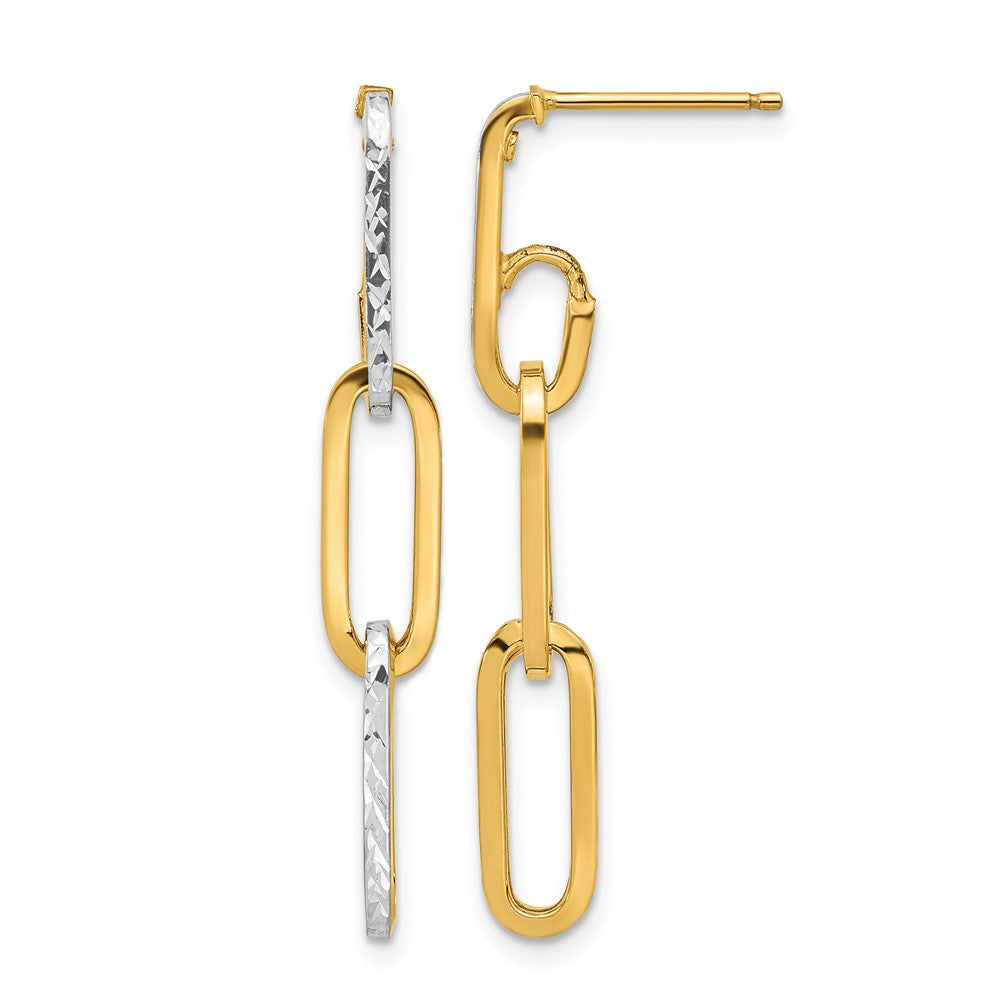 10K with White Rhod Polished/Dia-cut Link Dangle Earrings