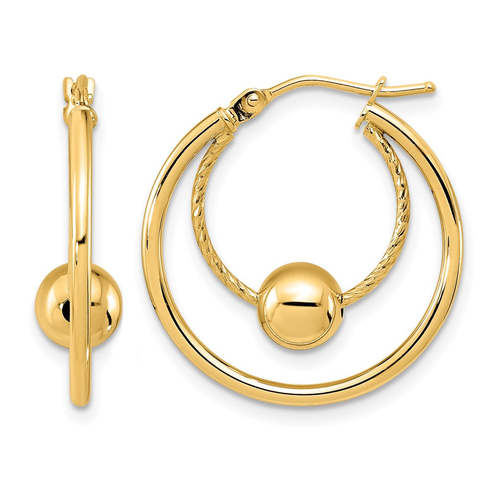 10K Polished Textured with 6mm Ball Hoop Earrings