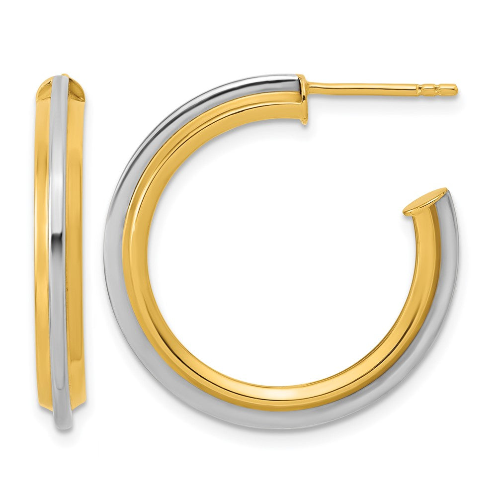 10K with Rhodium Polished and Grooved J-Hoop Post Earrings