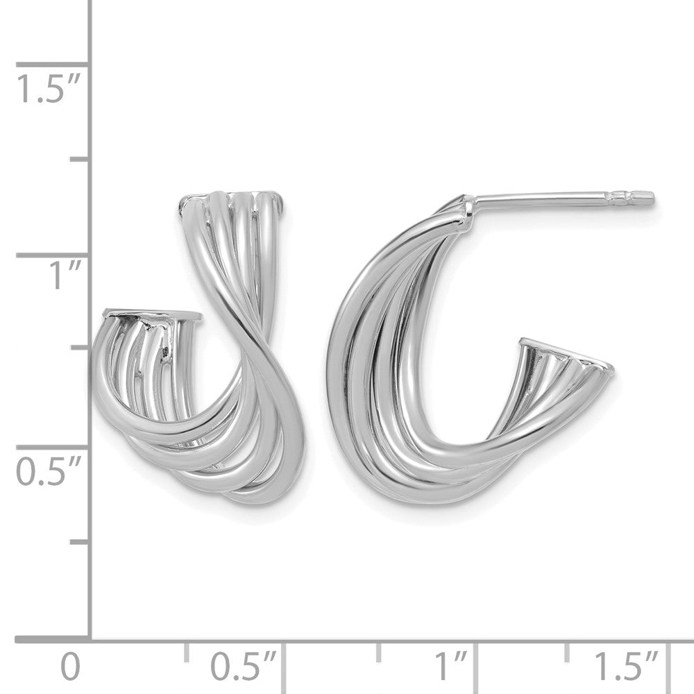 10K with Rhodium-plating Polished 3-Row Twist J-Hoop Post Earrings
