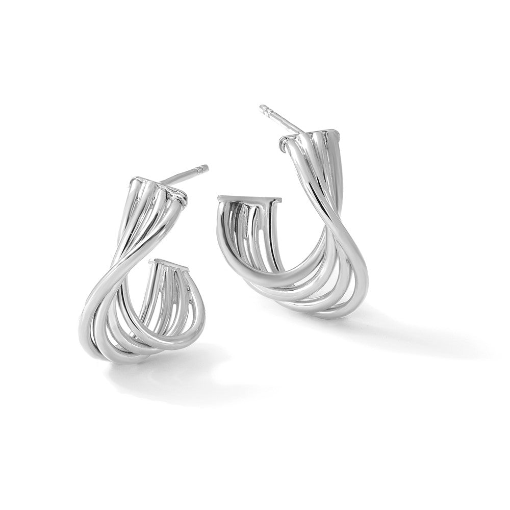 10K with Rhodium-plating Polished 3-Row Twist J-Hoop Post Earrings