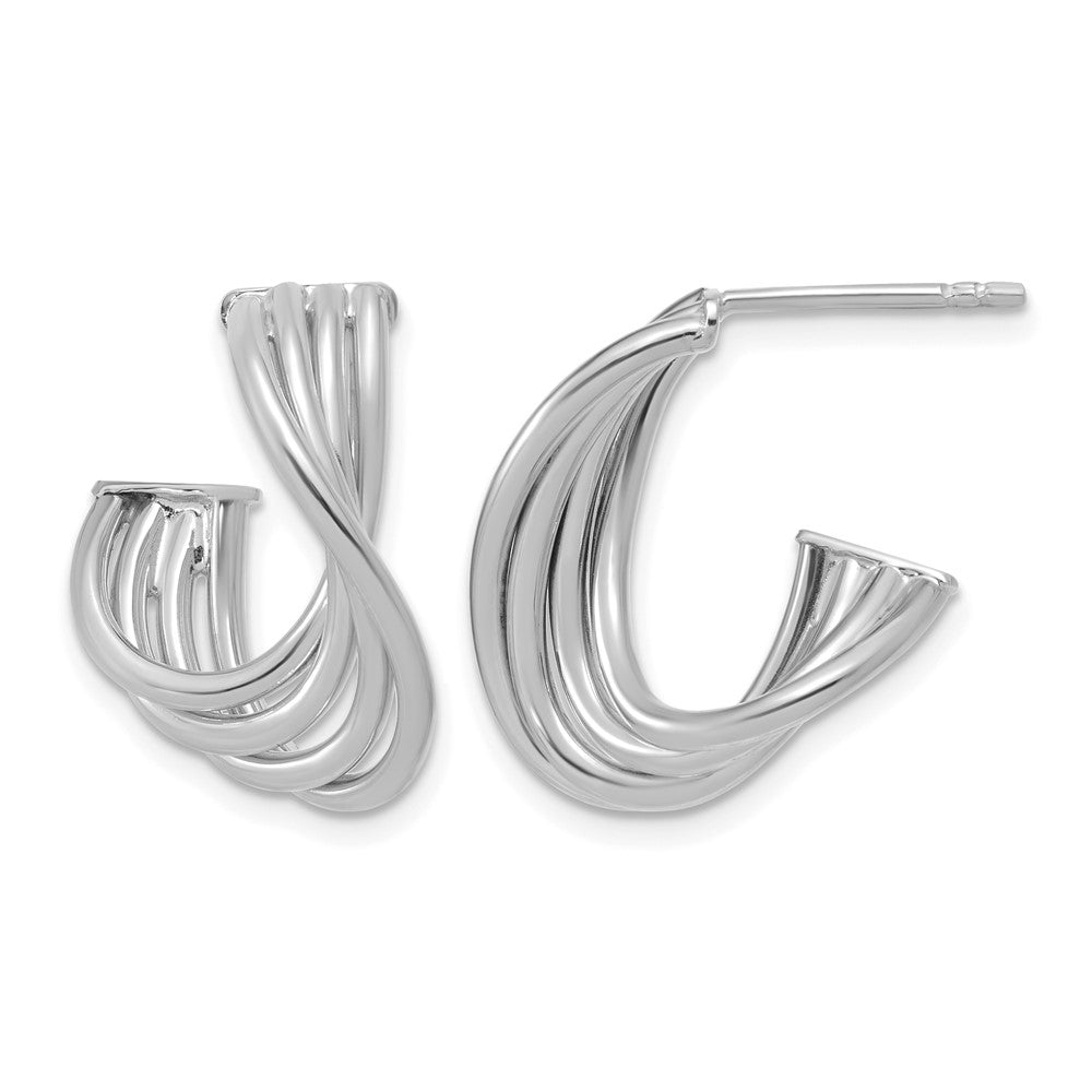 10K with Rhodium-plating Polished 3-Row Twist J-Hoop Post Earrings