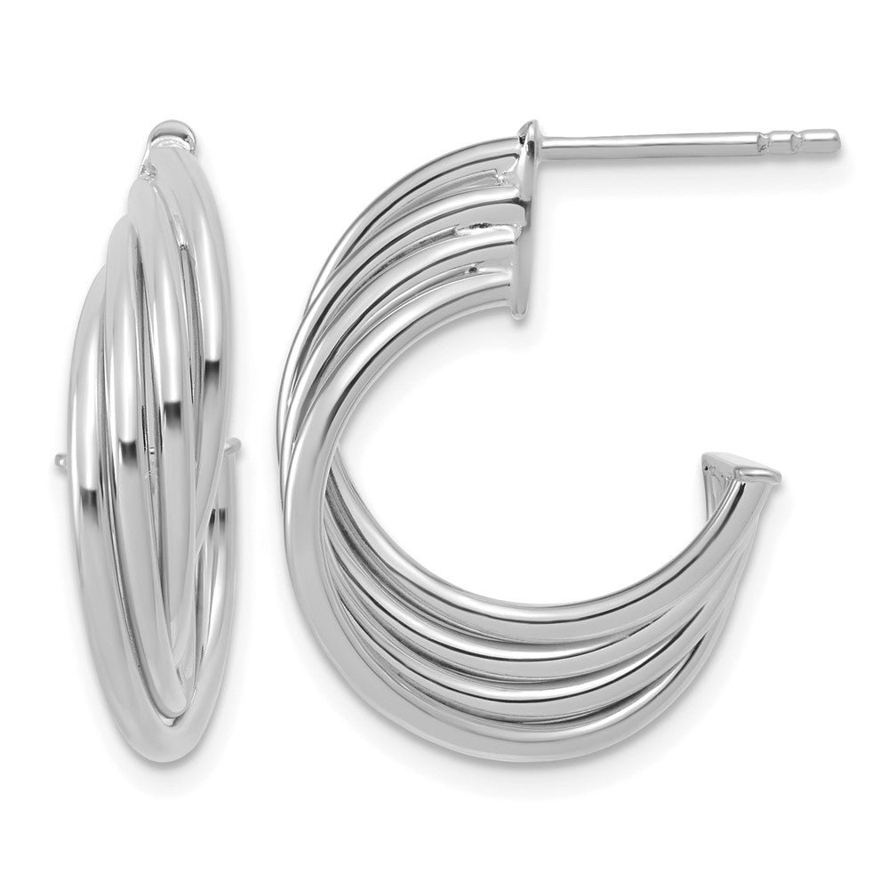 10K White Rhodium Polished 3-Row Twist J-Hoop Post Earrings