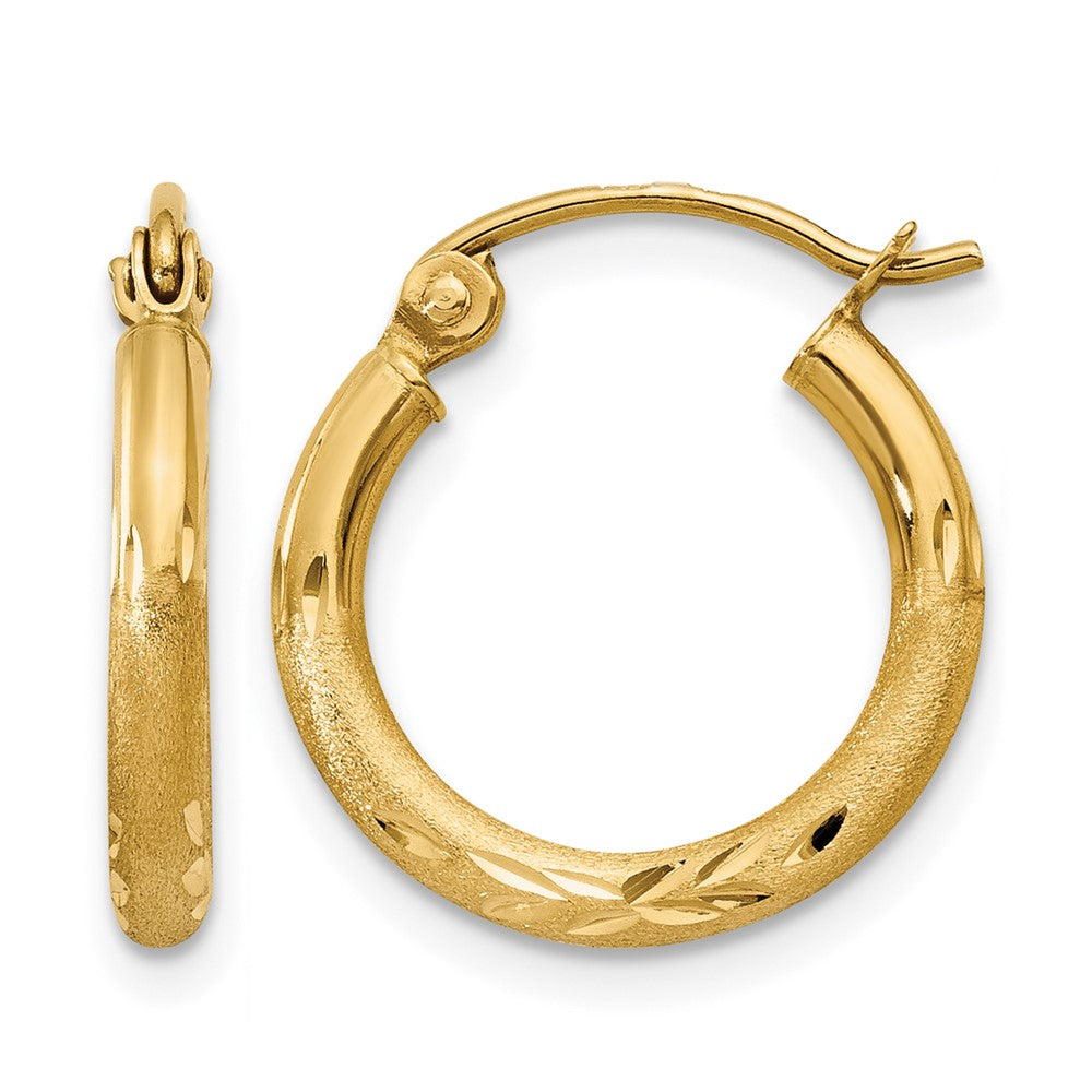10K Satin and Diamond-cut 2mm Round Tube Hoop Earrings