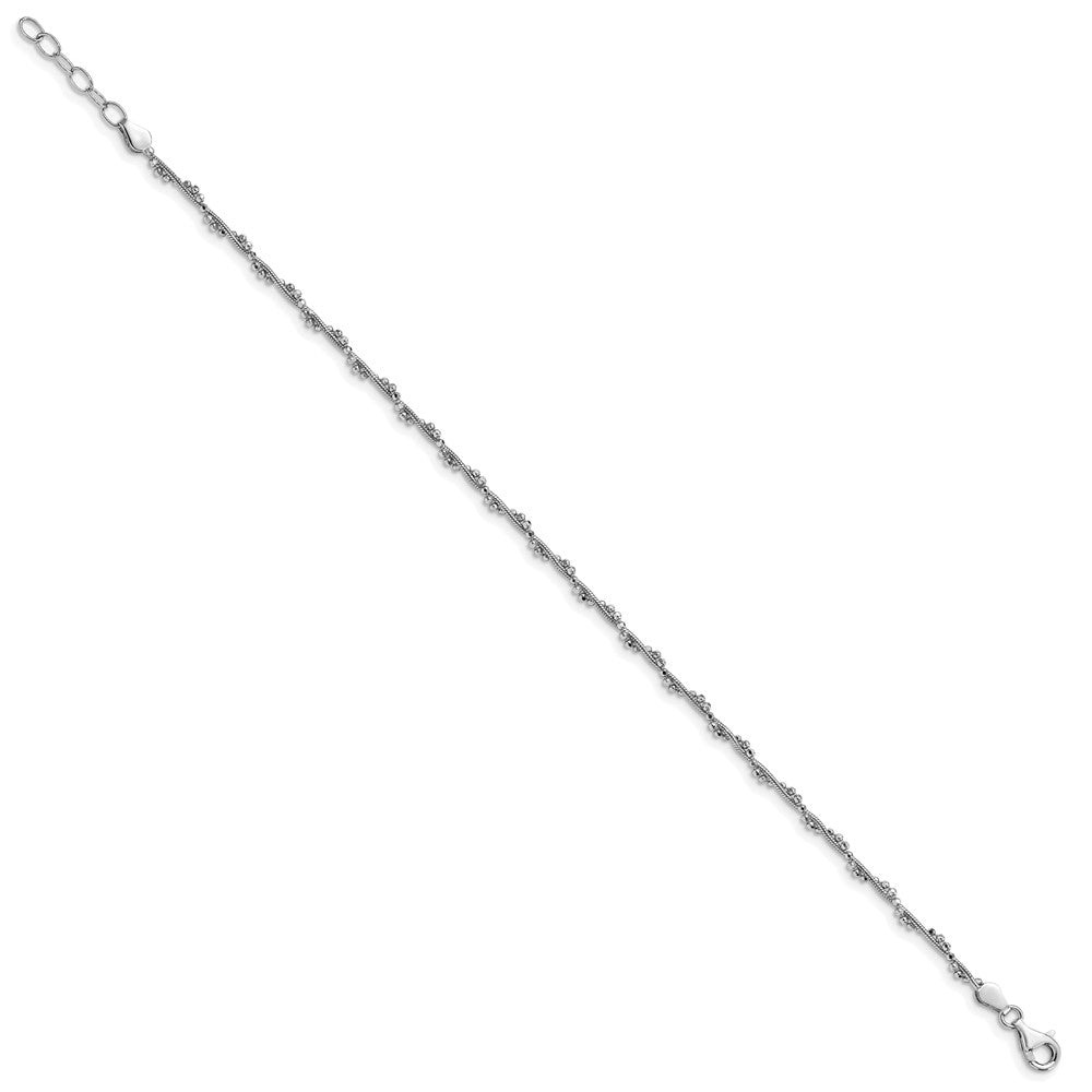 Sterling Silver Rhodium-plated Twisted Bead 9in + 1in ext. Anklet