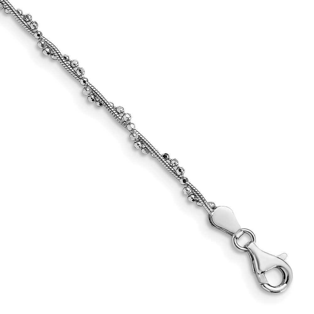 Sterling Silver Rhodium-plated Twisted Bead 10in + 1in ext. Anklet
