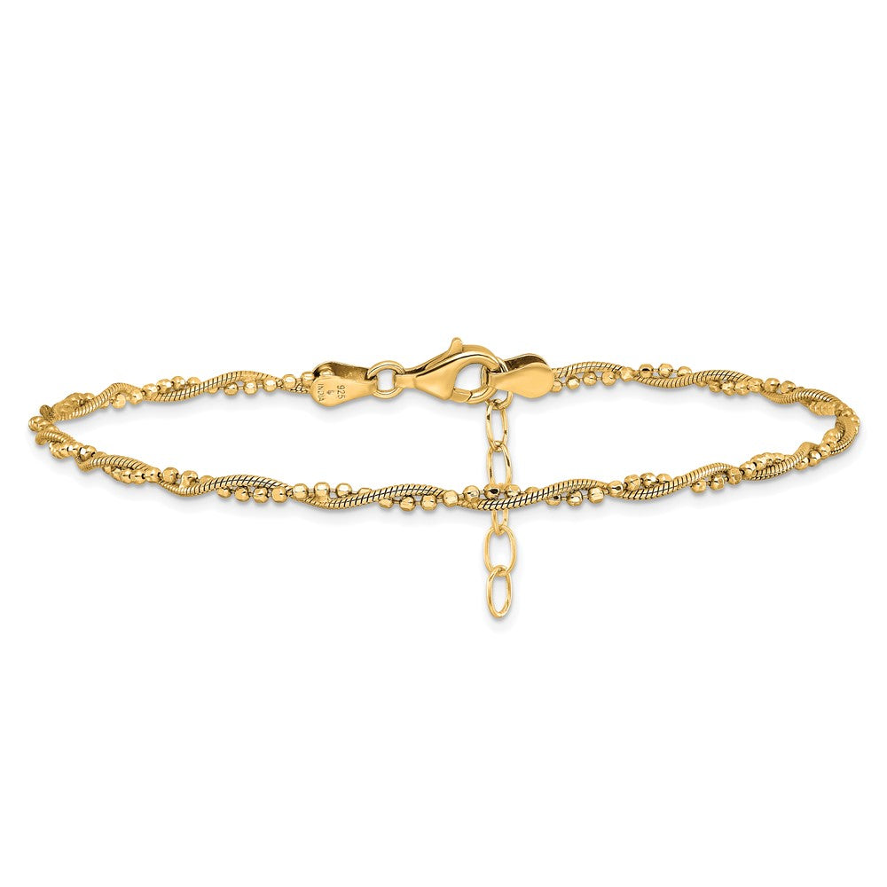 Sterling Silver Gold-plated Twisted Bead 10in + 1in ext. Anklet