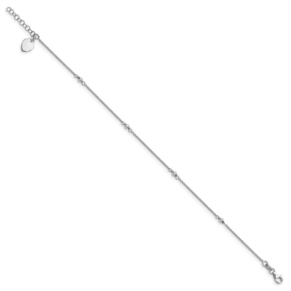 Sterling Silver Rhodium-plated Heart Charm 9in Plus with 1in ext. Anklet