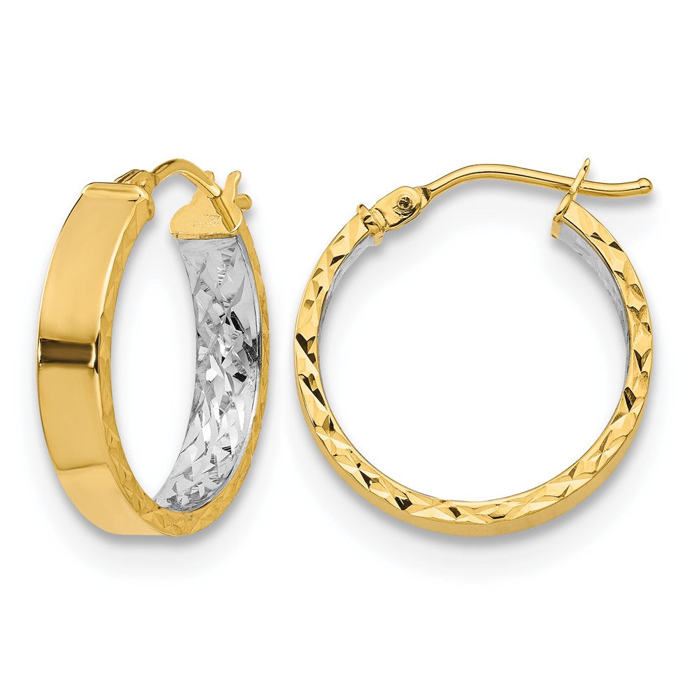 14K with White Rhodium Polished and Diamond-cut Hoop Earrings