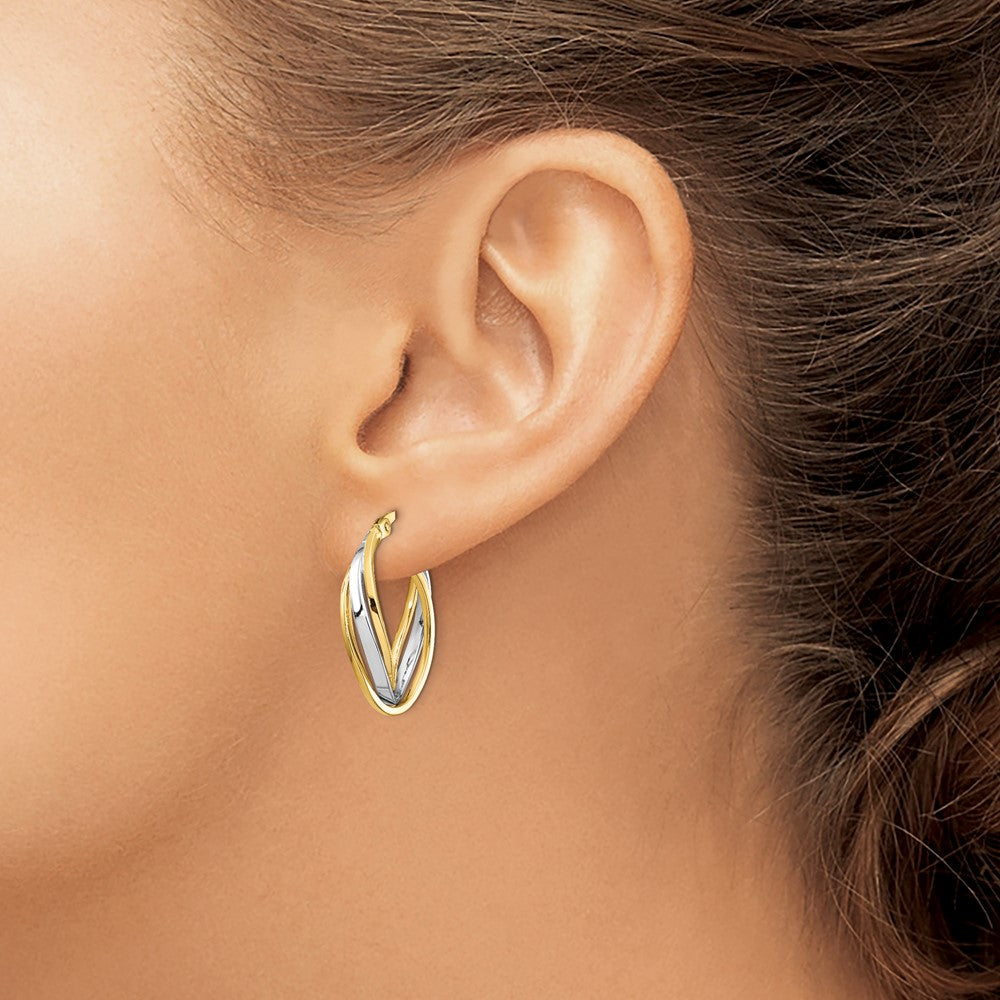 14K with Rhodium Polished Oval Hoop Earrings