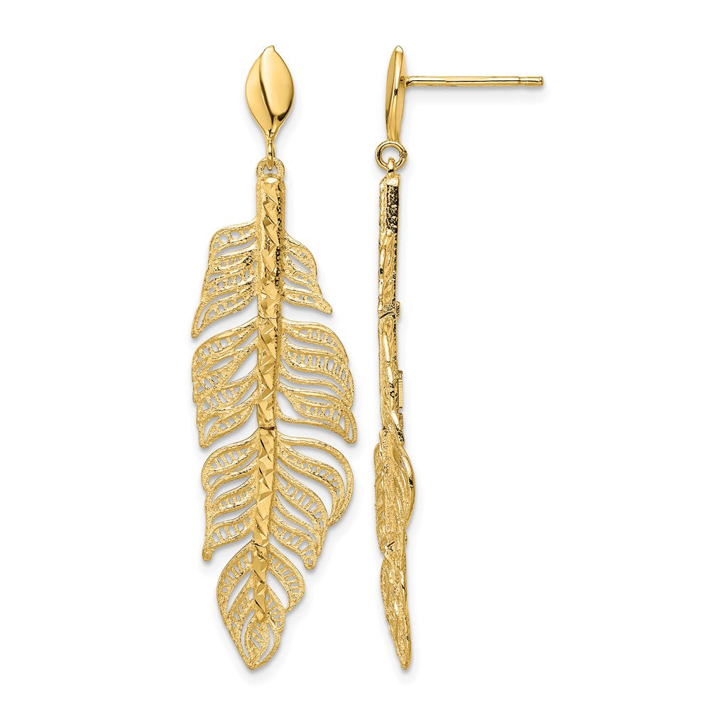 14K Polished Diamond-cut Textured Leaf Post Dangle Earrings
