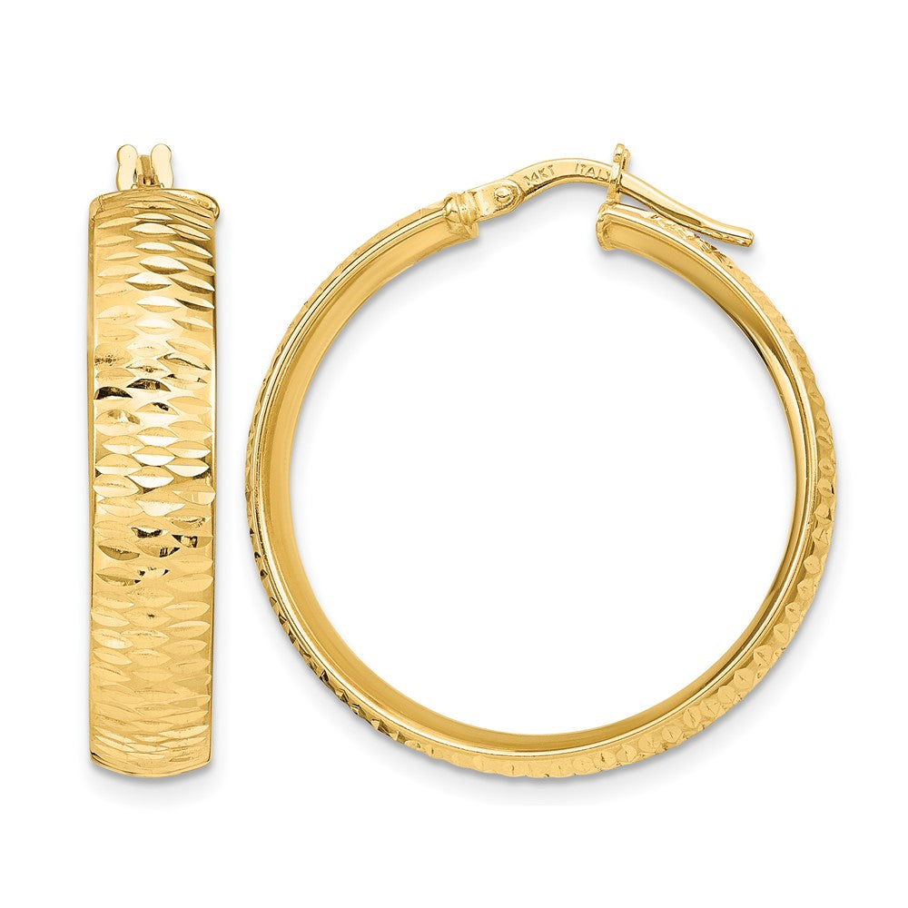 14K Polished Diamond-cut Round Hoop Earrings