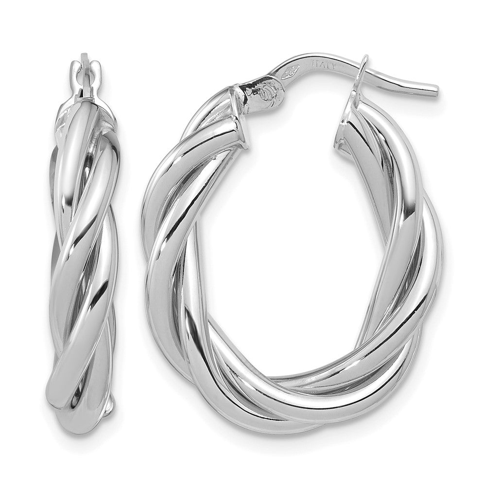 14K with White RH-plat Polished Twisted Oval Hoop Earrings