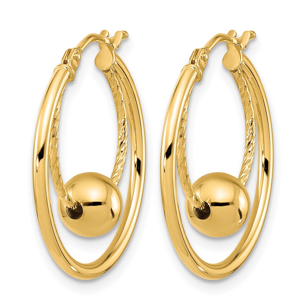 14K Polished Textured with 6mm Ball Hoop Earrings