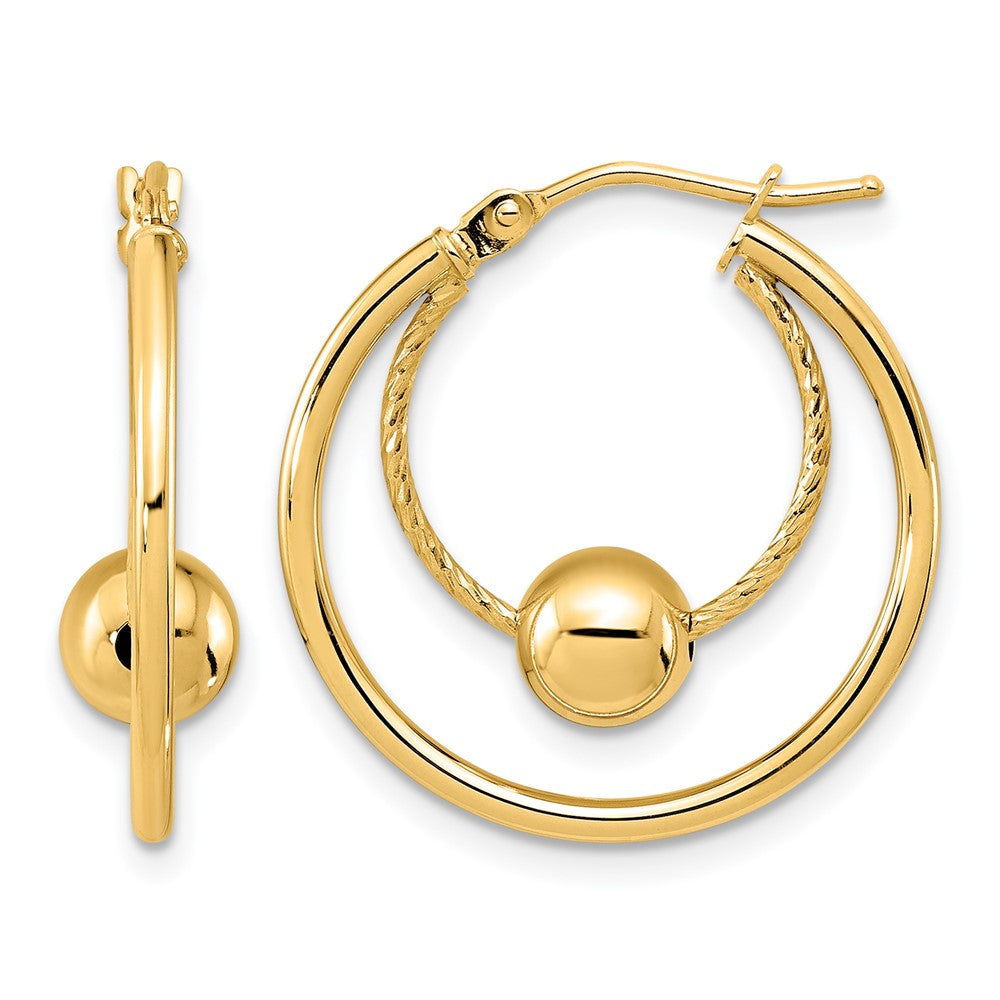 14K Polished Textured with 6mm Ball Hoop Earrings