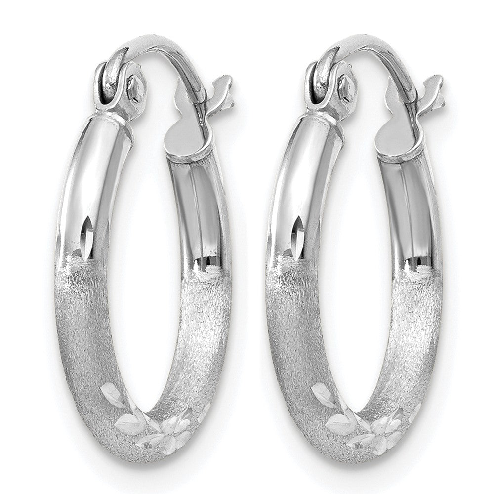 14K White Gold Satin and Diamond-cut 2mm Round Hoop Earrings