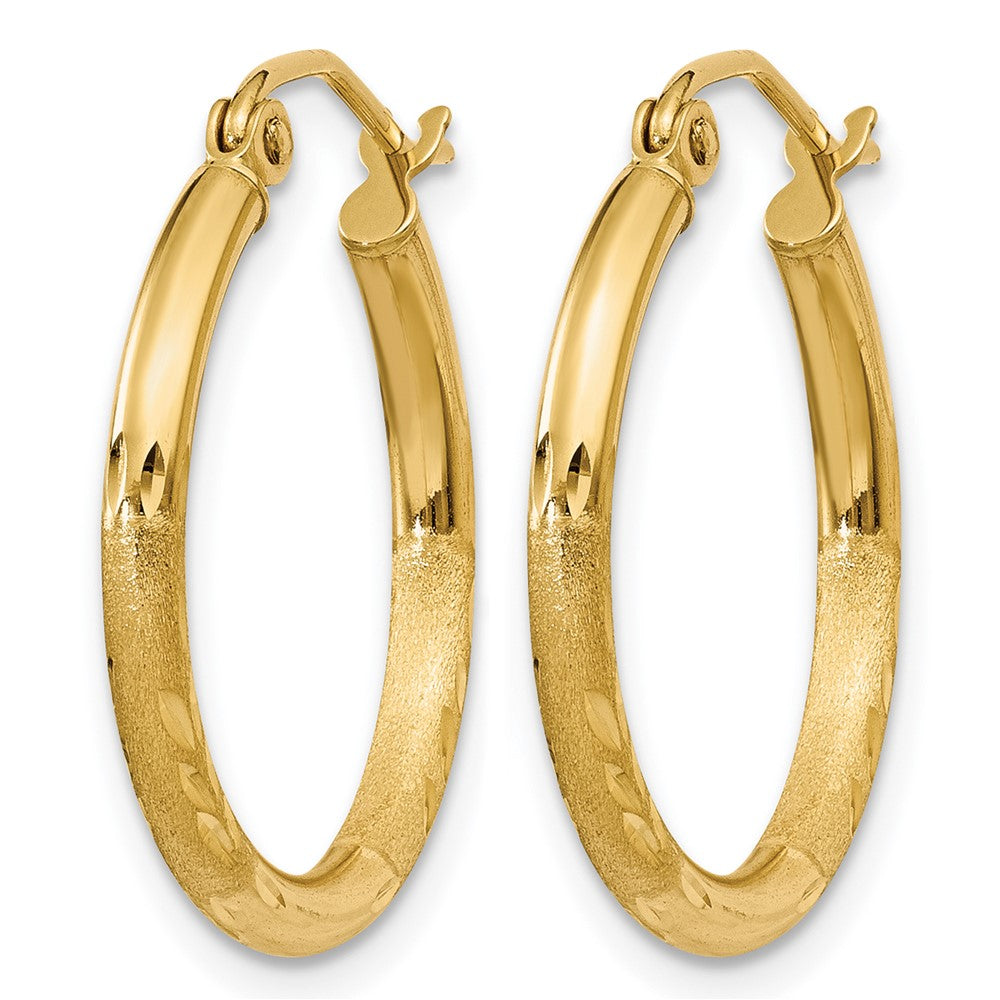 14K Satin and Diamond-cut 2mm Round Tube Hoop Earrings