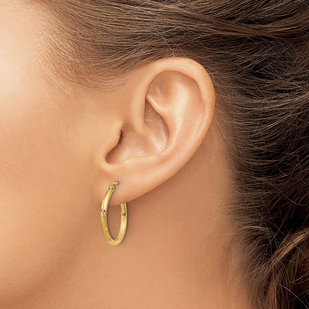 14K Satin and Diamond-cut 2mm Round Tube Hoop Earrings