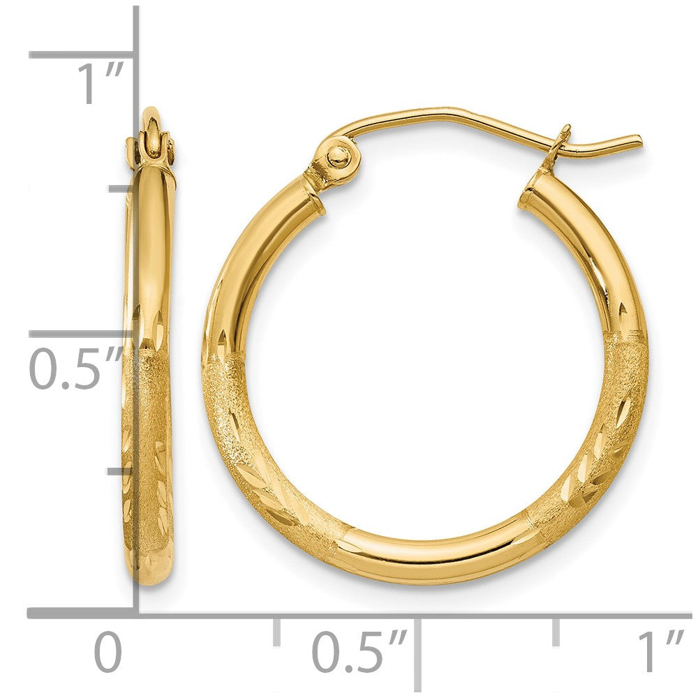 14K Satin and Diamond-cut 2mm Round Tube Hoop Earrings